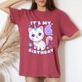 誕生日の女の子6歳、猫、ユニコーン、6歳の誕生日 レディースオーバーサイズコンフォートTシャツ Crimson