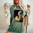 Girl With A Pearl Earring And A Cat 名画パロディ アート猫 長袖tシャツ レディースオーバーサイズコンフォートTシャツ Moss