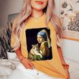 Girl With A Pearl Earring And A Cat 名画パロディ アート猫 長袖tシャツ レディースオーバーサイズコンフォートTシャツ Mustard
