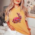 夏に可愛い花うさぎ 花柄 うさぎ レディースオーバーサイズコンフォートTシャツ Mustard