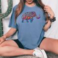 カラフルなインドの象の花柄象アート レディースオーバーサイズコンフォートTシャツ Blue Jean