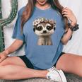 花柄クラウン付きのかわいいミーアキャット レディースオーバーサイズコンフォートTシャツ Blue Jean