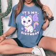 誕生日の女の子6歳、猫、ユニコーン、6歳の誕生日 レディースオーバーサイズコンフォートTシャツ Blue Jean
