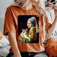 Girl With A Pearl Earring And A Cat 名画パロディ アート猫 長袖tシャツ レディースオーバーサイズコンフォートTシャツ Yam