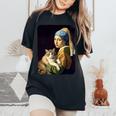 Girl With A Pearl Earring And A Cat 名画パロディ アート猫 長袖tシャツ レディースオーバーサイズコンフォートTシャツ Black