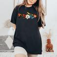 トラウト 魚 シルエット 花 ボタニカル フローラル レディースオーバーサイズコンフォートTシャツ Black