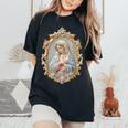 聖母マリア カトリック 祈り 花柄 神聖なアイコン 肖像画 レディースオーバーサイズコンフォートTシャツ Black