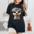 花柄クラウン付きのかわいいミーアキャット レディースオーバーサイズコンフォートTシャツ Black