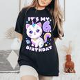 誕生日の女の子6歳、猫、ユニコーン、6歳の誕生日 レディースオーバーサイズコンフォートTシャツ Black
