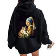 Girl With A Pearl Earring And A Cat 名画パロディ アート猫 長袖tシャツ レディース オーバーサイズ パーカー バックプリント Black