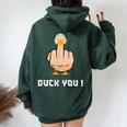 Duck You Duck Lover ひっくり返す鳥 クワック ダッキー 皮肉 レディース オーバーサイズ パーカー バックプリント Navy Blue
