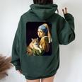 Girl With A Pearl Earring And A Cat 名画パロディ アート猫 長袖tシャツ レディース オーバーサイズ パーカー バックプリント Navy Blue