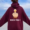 Duck You Duck Lover ひっくり返す鳥 クワック ダッキー 皮肉 レディース オーバーサイズ パーカー バックプリント Maroon