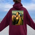 女の子の真珠のイヤリングを持つモナリザの自撮り面白いアート レディース オーバーサイズ パーカー バックプリント Maroon