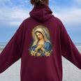 聖母マリアの祈りの肖像画 神聖な花の祈りのアート レディース オーバーサイズ パーカー バックプリント Maroon