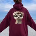 花柄クラウン付きのかわいいミーアキャット レディース オーバーサイズ パーカー バックプリント Maroon