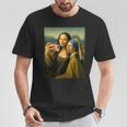 女の子の真珠のイヤリングを持つモナリザの自撮り面白いアート Tシャツ 面白い贈り物