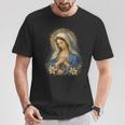 聖母マリアの祈りの肖像画 神聖な花の祈りのアート Tシャツ 面白い贈り物