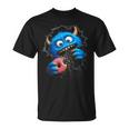 Monstruo Azul Peludo Con Donut Humor Goloso En Ilusión 3D Camiseta unisex