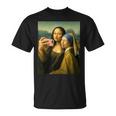 女の子の真珠のイヤリングを持つモナリザの自撮り面白いアート Tシャツ