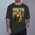 女の子の真珠のイヤリングを持つモナリザの自撮り面白いアート Tシャツ 彼への贈り物