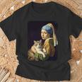 Girl With A Pearl Earring And A Cat 名画パロディ アート猫 長袖tシャツ Tシャツ 高齢者への贈り物