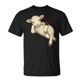 Agneau Mignon Romantique Fermier Ferme Brebis Fleur Rouge T-Shirt - Cadeauxyz