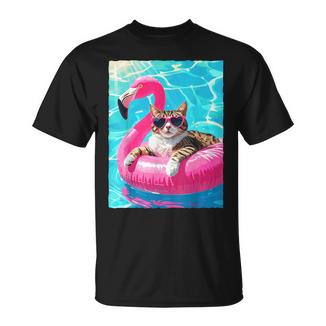 Gato Divertido Flamenco Rosa Flotador Gafas Corazónerano Camiseta unisex - Regaloses