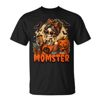 Momster Skeleton Halloween Coffee Mom Messy Bun T-Shirt - Thegiftio UK